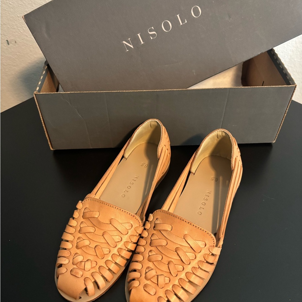 Nisolo Tan Leather Flats with Geometric Weave